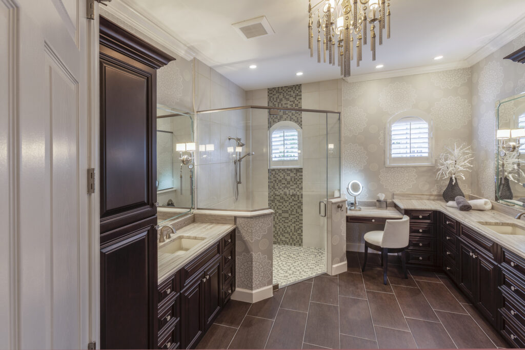Luxury master bathroom with chandelier