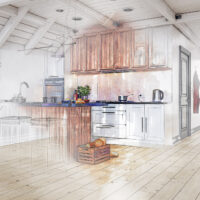 Sketch With Markers Effect On A 3d Render Of A Kitchen, Fading From The Center: Side View Of A Modern White And Hardwood Kitchen With A Rectangular Back Marble Breakfast Kitchen Island And A Peek Of A Corridor